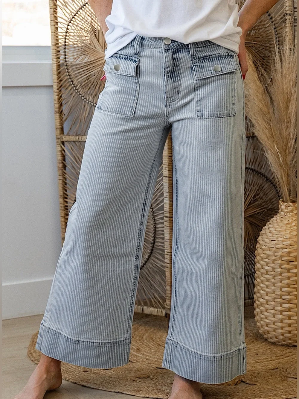 🩵Hello Gorgeous! Cute Striped Wide-Leg Cropped Jeans Light Blue